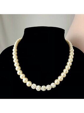 Occasion Necklace 18" Silver-Tone Faux Pearl & Rhinestones